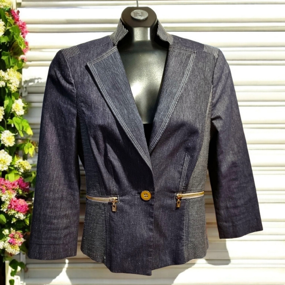 Bebe Blue Denim Stylish Women's Blazer Jacket With Gold Accents